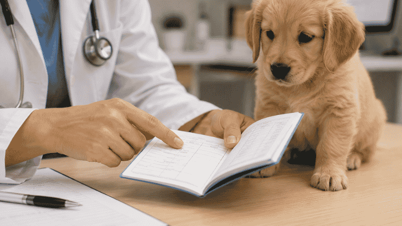 A veterinarian reviewing a puppy's vaccination record booklet to confirm core vaccine timing as part of the complete puppy vaccination schedule