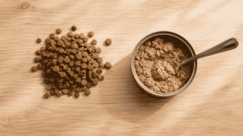 A side-by-side flat lay comparison of dry puppy kibble and wet canned puppy food showing the two main options when deciding what to feed a puppy