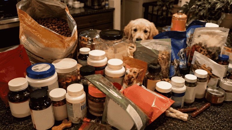 A kitchen counter showing a puppy food bag surrounded by excessive supplements and treats, illustrating the common mistake of over-supplementing when puppies are already eating complete and balanced food