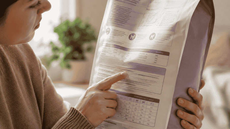 A dog owner carefully reading the AAFCO nutritional adequacy statement on the back of a puppy food bag, showing the most important label check when choosing what to feed a puppy