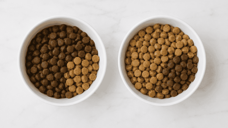 Two bowls showing the gradual food transition process for puppies — mixing old and new kibble in changing ratios over 7 to 10 days to prevent digestive upset when switching puppy food