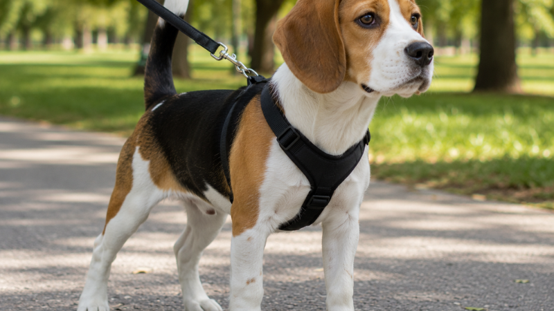 A beagle puppy wearing a correctly fitted Y-shaped back-clip harness during a walk, showing how a harness distributes pressure safely across the chest instead of the neck