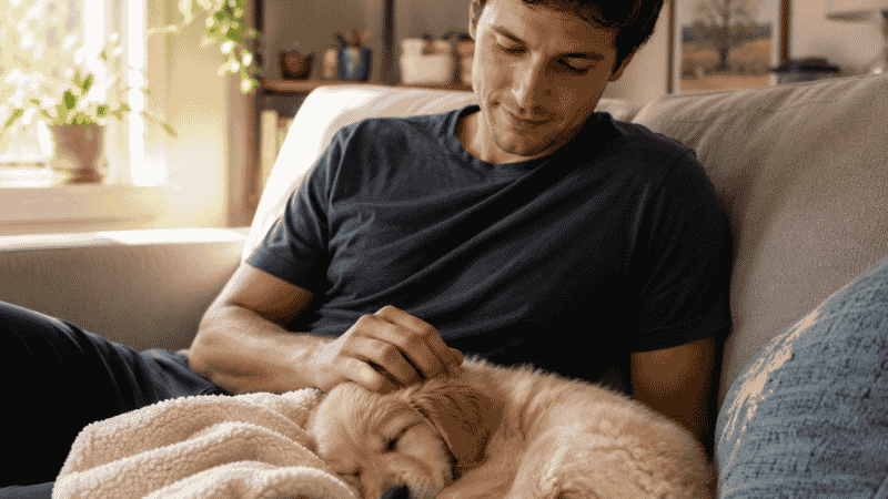 A puppy resting quietly at home after receiving vaccinations, showing the normal mild lethargy that can follow a puppy vaccination schedule appointment