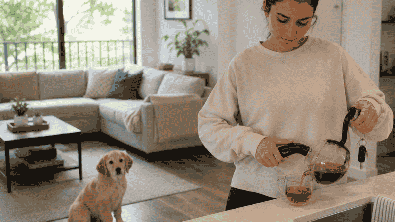 A dog owner holding her keys while making tea at home as part of departure cue desensitization training, teaching the puppy that picking up keys does not always predict being left alone