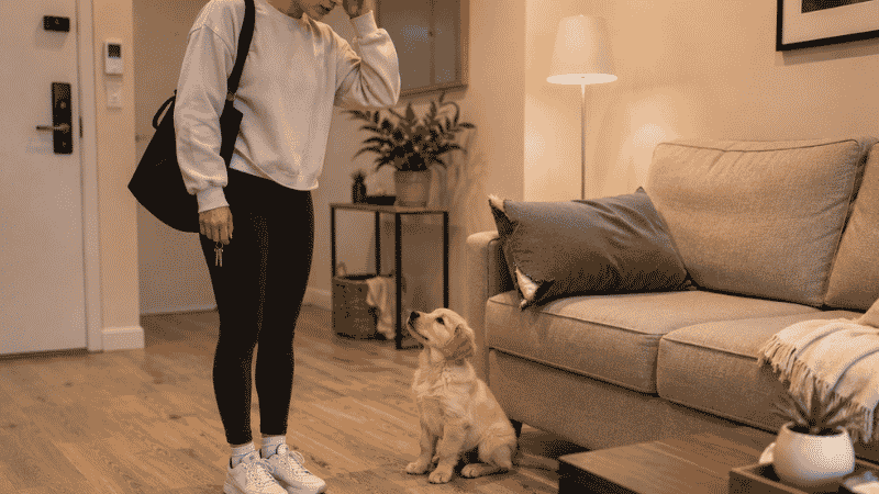 A dog owner returning home to find minor damage from her puppy with separation anxiety — a chewed cushion and knocked water bowl — while the puppy looks up at her innocently