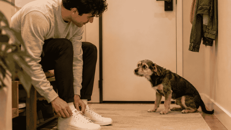 A puppy showing pre-departure anxiety signs — tense posture, wide eyes, and ears back — while watching its owner put on shoes near the front door, one of the clearest indicators of true puppy separation anxiety