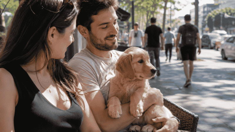 A puppy being safely held in its owner's arms above the ground on a busy sidewalk, showing how to socialize a puppy before vaccinations are complete by keeping paws off potentially contaminated surfaces
