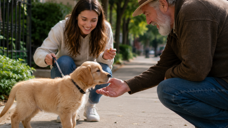 A puppy curiously sniffing an elderly man with a beard and hat as part of the puppy socialization checklist, with the owner nearby ready to reward calm curious behavior with a treat