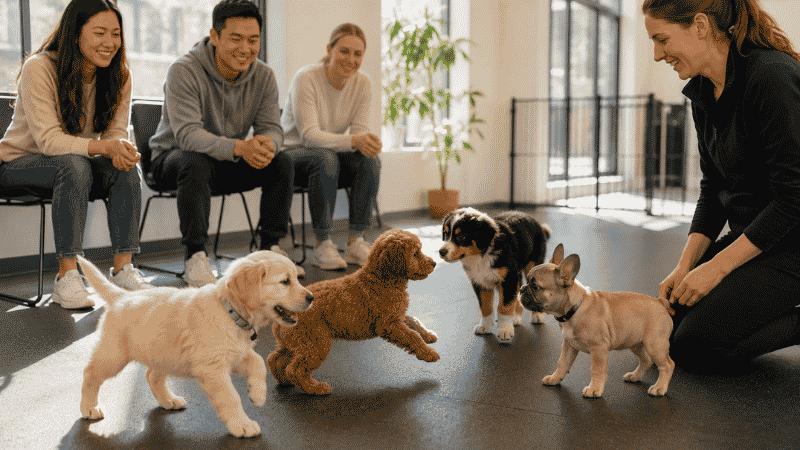Four puppies of different breeds playing together in a supervised puppy socialization class, showing the controlled positive dog-to-dog interaction that well-run puppy classes provide