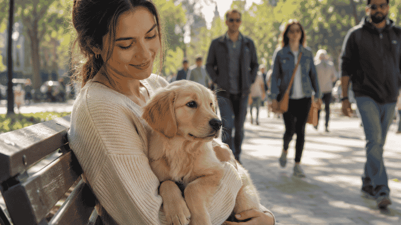 A first-time dog owner holding her puppy safely in her arms in a busy park, allowing the puppy to observe people and the environment as part of early puppy socialization before vaccinations are complete