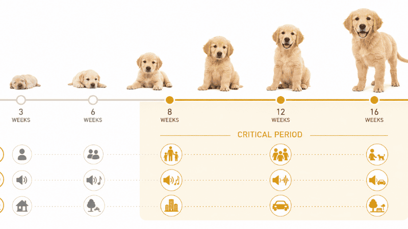 A timeline illustration showing the puppy socialization window from 3 weeks to 16 weeks of age, with the critical 8 to 16 week period highlighted as the most important time for positive exposure to people, sounds, and environments