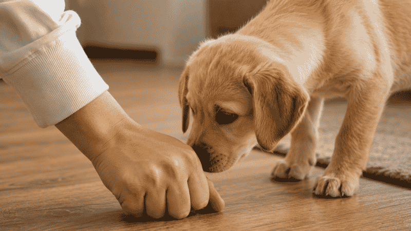 A puppy learning the leave it command at 12 to 16 weeks old, with an owner's hand covering a treat on the floor, teaching the puppy to resist the impulse to take food — one of the most valuable safety commands to teach early