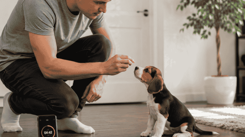 A dog owner doing a short 5-minute training session with his puppy, with a phone timer nearby, demonstrating the correct session length for effective puppy training based on their developing attention span