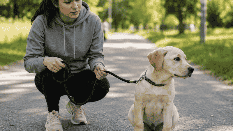 A 6-month-old Labrador puppy looking away distracted during a training session while its owner stays patient, illustrating the adolescent training phase when puppies temporarily lose focus — and why starting training early at 8 weeks matters