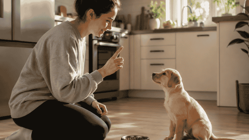 A dog owner asking her puppy to sit before placing down the food bowl as part of a daily training routine, showing how to weave training into everyday moments for consistent puppy learning