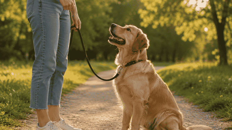 A confident, well-trained young dog sitting calmly and attentively outdoors, showing the long-term result of starting puppy training early at 8 weeks with consistent daily positive reinforcement sessions