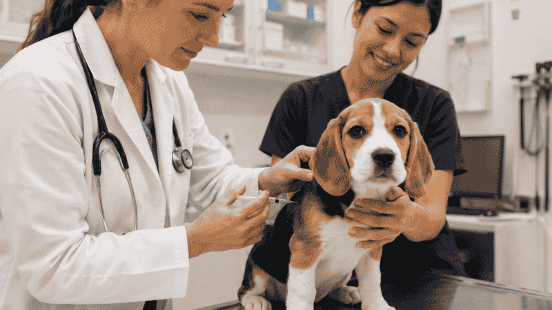 A first-time dog owner sitting in a veterinary clinic waiting room holding her puppy before the first vaccination appointment