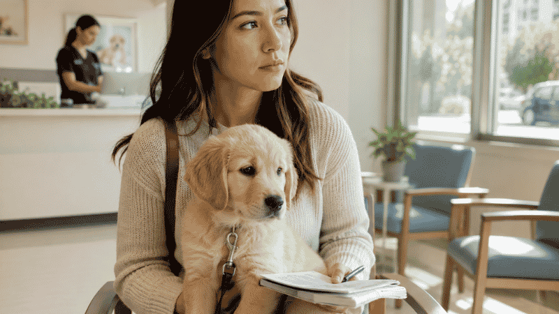 A first-time dog owner sitting in a veterinary clinic waiting room holding her puppy before the first vaccination appointment