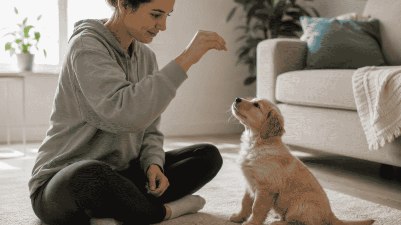 A first-time dog owner doing a short training session with her 8-week-old puppy using a treat to teach sit, showing that puppy training can and should begin from the very first day home