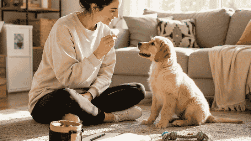 A first-time dog owner sitting on the living room floor with training treats and toys, beginning a training session with her attentive golden retriever puppy, showing how to train a puppy from day one at home