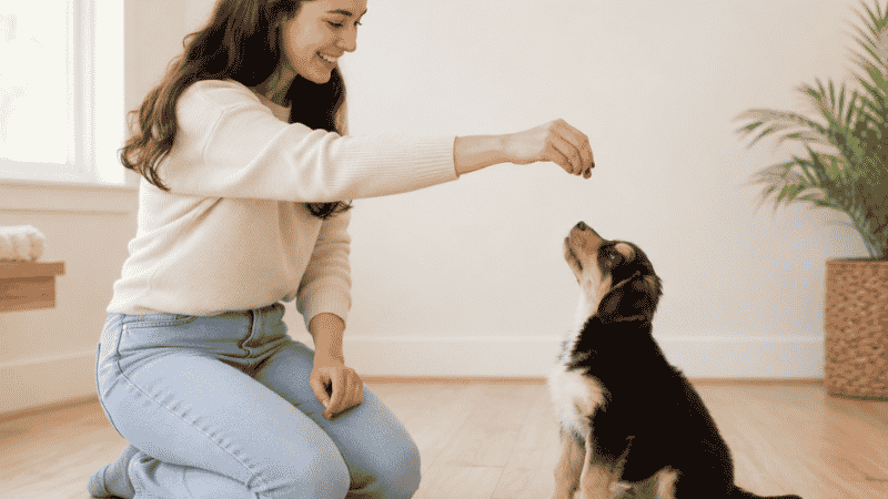 A dog owner using a treat lure held above and behind a puppy's nose to teach the sit command, showing the natural luring technique that causes a puppy's bottom to drop as their head follows the treat upward