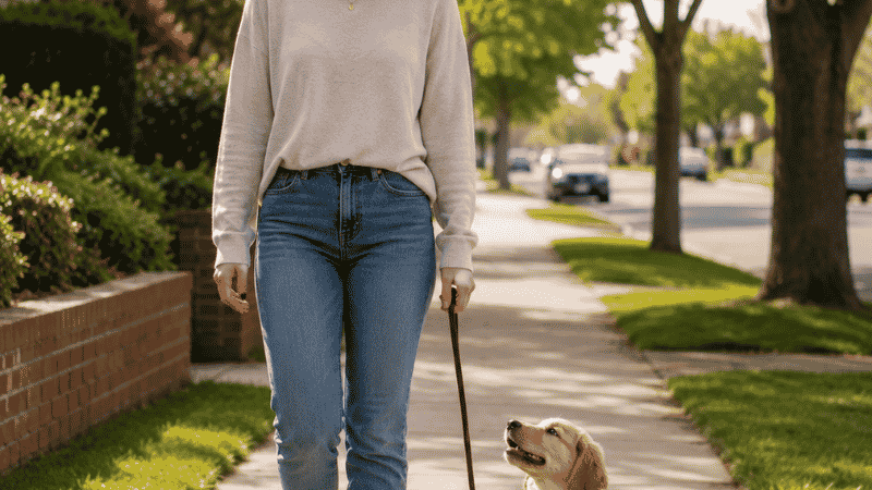 A puppy walking calmly beside its owner on a completely loose, slack leash while voluntarily looking up, showing the goal of puppy leash training — a relaxed U-shaped leash with no tension or pulling