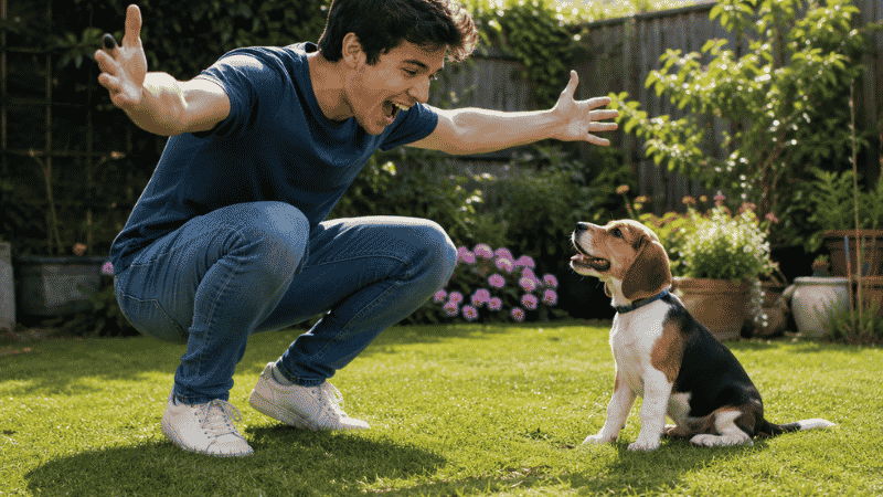 A dog owner enthusiastically celebrating and rewarding his puppy immediately after it eliminates outdoors, showing the correct timing and energy of positive reinforcement during puppy potty training