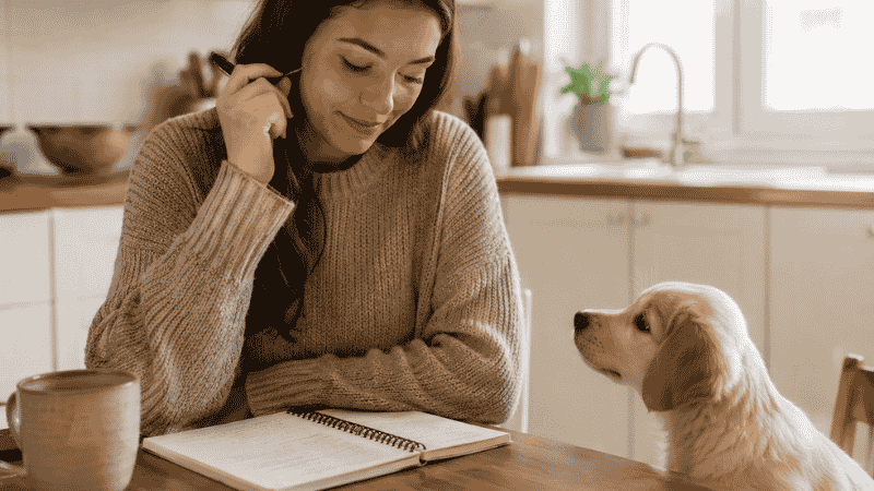 A confident, calm, and well-mannered young Labrador sitting beside its owner on a busy city sidewalk — the long-term result of consistent positive reinforcement training that began on the puppy's first day home