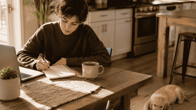 A new dog owner sitting at the kitchen table carefully planning and budgeting puppy costs for the first year, with their puppy playing nearby — showing the importance of realistic financial preparation as part of a complete new puppy checklist