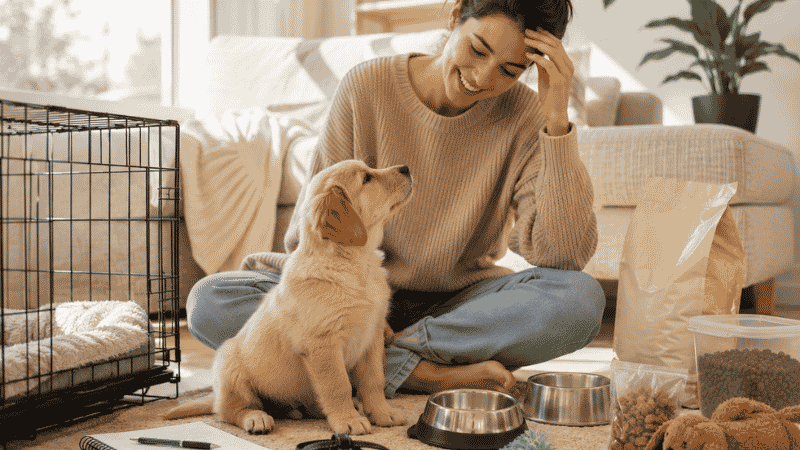 A first-time dog owner sitting on the floor surrounded by organized new puppy supplies including a crate, harness, food bowls, and training treats, with her golden retriever puppy sitting curiously in the middle — the complete new puppy checklist ready before day one
