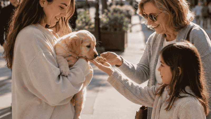A new puppy being safely held in its owner's arms while curiously sniffing the hands of a friendly stranger and child on a sidewalk, showing how to begin socialization during the critical 8 to 16 week window even before vaccinations are complete