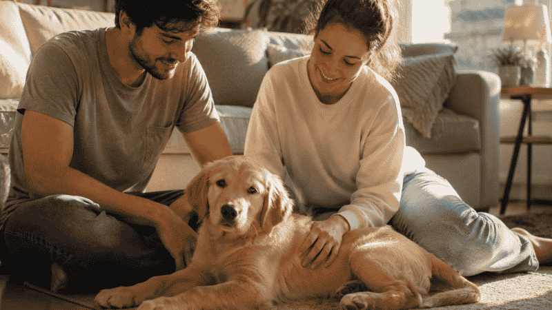 A new dog owner sitting at the kitchen table carefully planning and budgeting puppy costs for the first year, with their puppy playing nearby — showing the importance of realistic financial preparation as part of a complete new puppy checklist