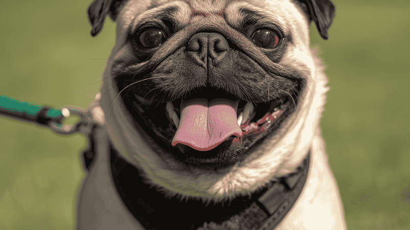 Close-up of a pug panting happily while wearing a properly fitted Y-shaped harness that avoids pressure on the throat.
