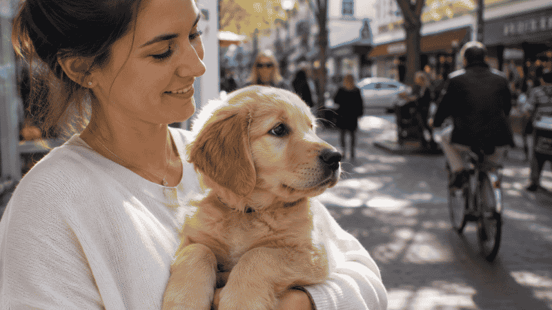An 8-week-old puppy being safely carried while curiously observing a busy urban sidewalk during the critical socialization window — the 8 to 16 week stage of puppy development when positive exposure to the world is most deeply encoded