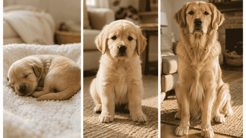 Three stages of puppy development shown side by side — a newborn puppy sleeping, an 8-week-old puppy alert and curious, and a confident young adult dog — illustrating the complete puppy development stages from birth to adulthood