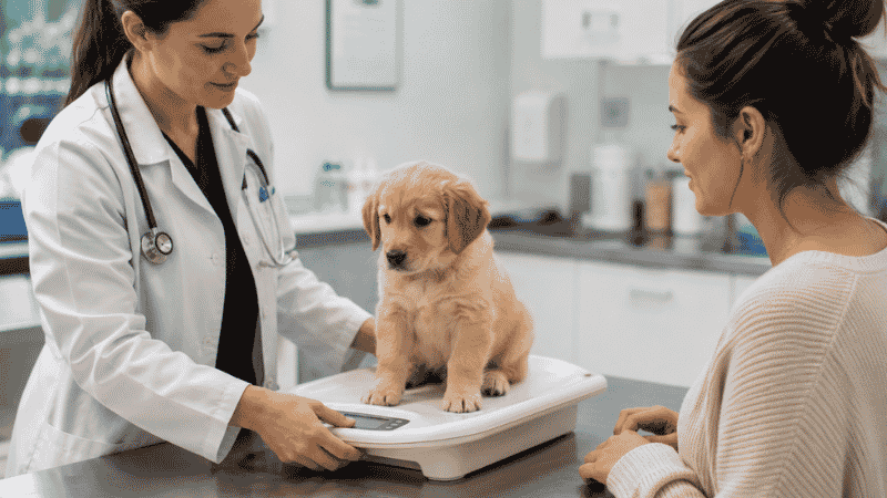 A veterinarian carefully weighing a puppy on a scale during a wellness check, with the owner watching attentively — showing the routine growth monitoring that helps confirm a puppy is developing normally at each stage of puppy development