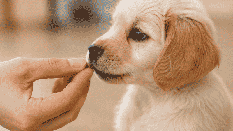 A dog owner delivering a tiny training treat to a sitting puppy within seconds of the correct behavior, demonstrating the precise timing that makes positive reinforcement effective when training a puppy