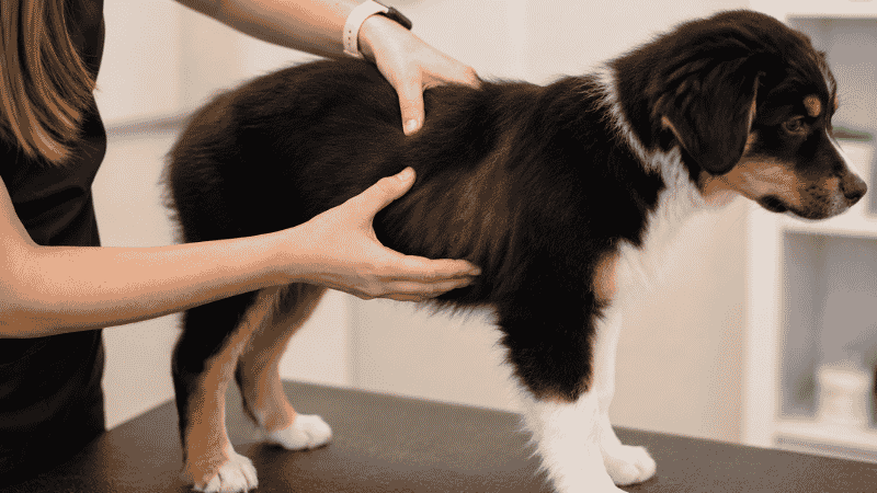 A dog owner gently feeling a puppy's ribs to assess body condition score — the most reliable ongoing method to determine if a puppy is being fed the correct amount rather than relying solely on the scale