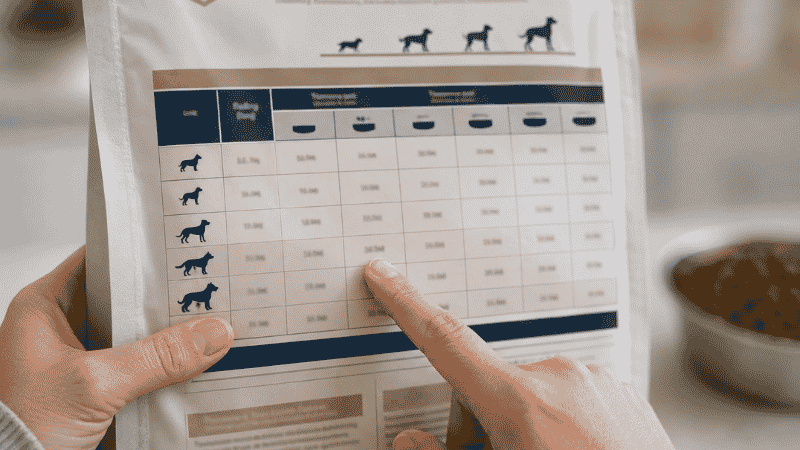 A dog owner's finger pointing to the correct cell on a puppy food bag feeding chart, showing how to cross-reference projected adult weight and current age to determine how much to feed a puppy