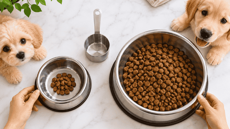 Two puppy food bowls side by side showing the dramatic difference in portion size between a toy breed puppy meal on the left and a large breed puppy meal on the right, illustrating why projected adult weight determines how much to feed a puppy
