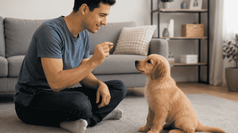 A dog owner using a tiny pea-sized training treat during a puppy training session, illustrating the 90/10 rule where treats make up no more than 10 percent of a puppy's daily caloric intake when determining how much to feed a puppy