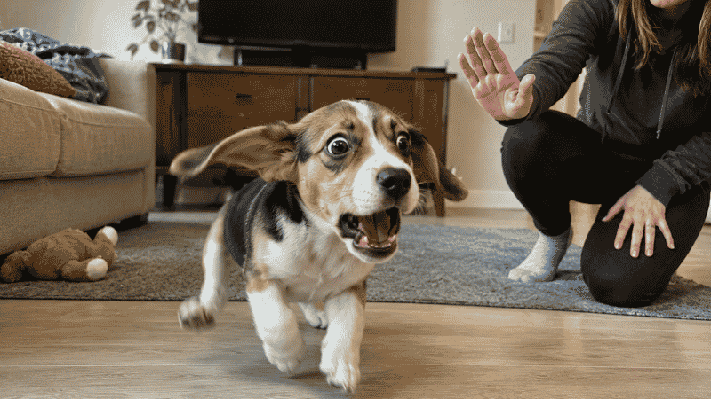An overtired puppy appearing frantic and hyperactive while its calm owner signals it's time to rest — illustrating the counterintuitive truth that overtired puppies look hyper, not sleepy, and need a nap rather than more exercise
