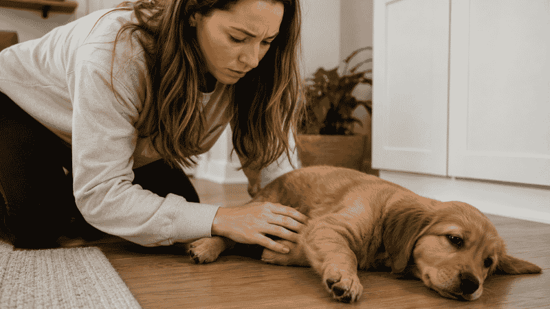 A concerned dog owner kneeling to check on a puppy that appears unusually lethargic during waking hours — illustrating the difference between normal healthy puppy sleep and signs that warrant a veterinary call