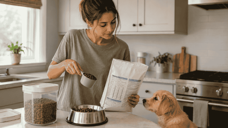 A dog owner carefully measuring puppy kibble with a measuring cup while consulting the feeding chart on the food bag, showing the correct approach to determining how much to feed a puppy