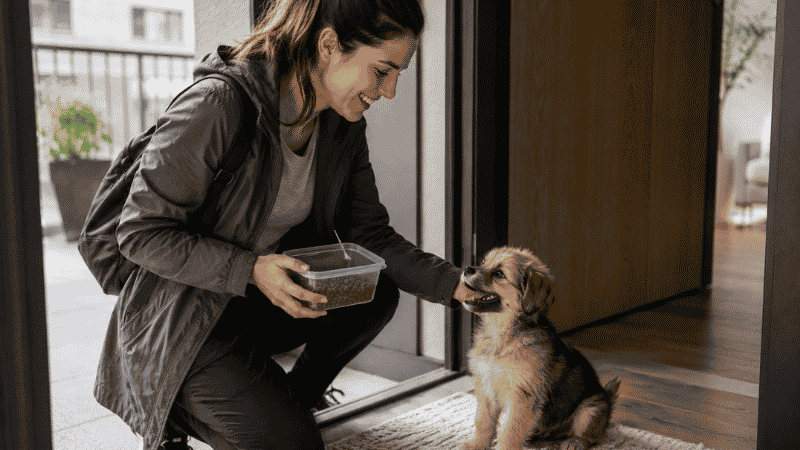 A dog walker arriving at an apartment to provide a puppy's midday meal as a practical solution for working owners following a 3-meal-per-day puppy feeding schedule