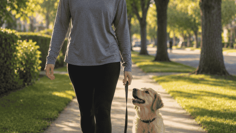 A dog owner walking confidently with her puppy on a completely loose, slack leash while the puppy walks calmly beside her and looks up voluntarily — representing the successful result of consistent leash training with the stop-and-wait method and voluntary check-in rewards