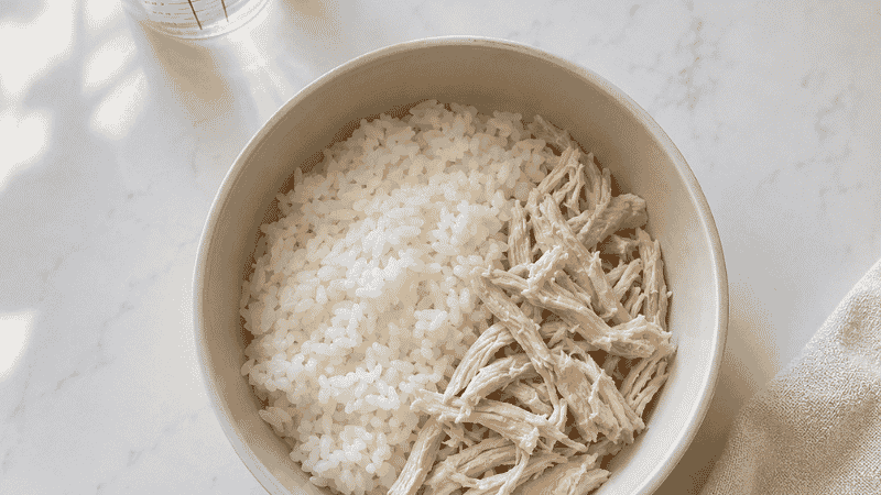A small dog bowl containing plain boiled white rice and shredded boiled chicken in the correct 3:1 ratio — the recommended bland diet home treatment for mild puppy diarrhea to rest the digestive system