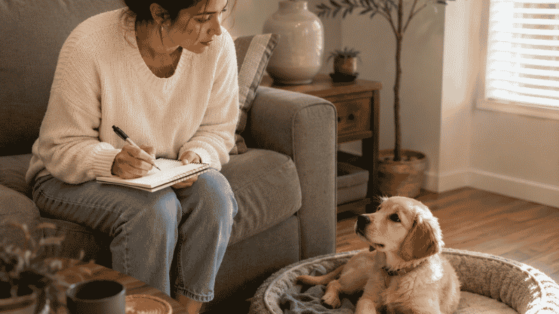 A dog owner calmly monitoring her alert puppy at home while taking notes, demonstrating the correct watch-and-wait approach for mild Level 1 puppy diarrhea with no blood or severe symptoms