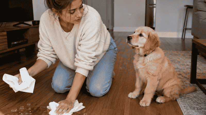 A first-time dog owner calmly cleaning up after a puppy with diarrhea while the puppy sits nearby looking innocent — illustrating the common but manageable challenge of puppy diarrhea for new owners