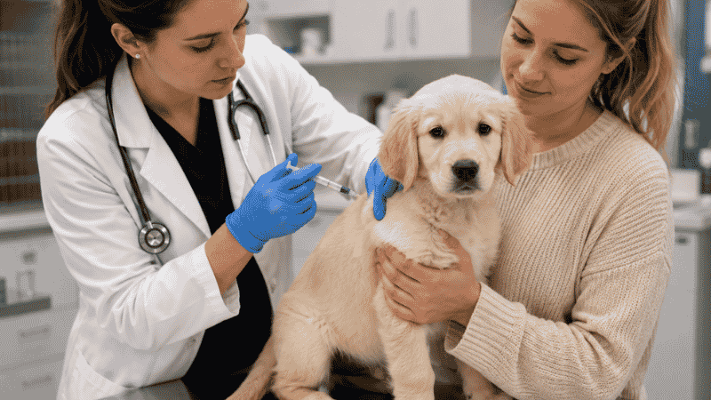 A veterinarian administering a DHPP vaccination to a puppy while the owner holds it calmly on the exam table — showing how completing the puppy vaccination series is the most reliable protection against parvovirus, the most serious cause of puppy diarrhea
